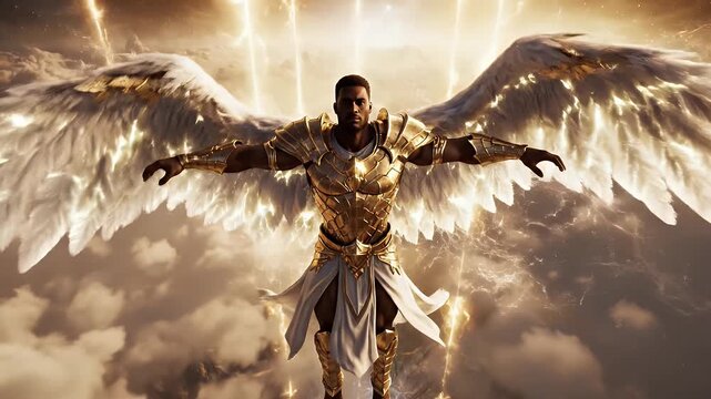 Angelic Warrior Descent - A powerful, majestic angel warrior with radiant wings descends from the heavens. The angel is clad in golden armor with a white underdress, as lightning strikes overhead.