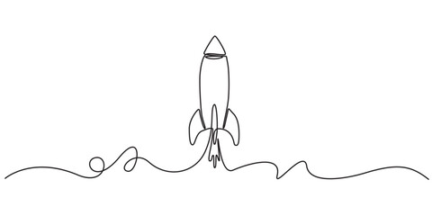 Rocket one line art minimalist continuous drawing vector illustration, One continuous line drawing of simple retro spacecraft flying up to the outer space nebula. Rocket space ship launch into. © Vector Man