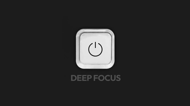 Teal neon power button icon with deep focus text on black background.