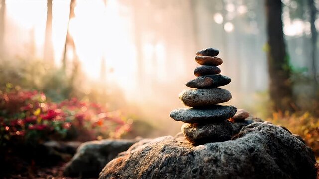 Zen Buddhism, meditation, inner peace, Chinese Japanese Asian tradition. Therapy stress release treatment, health lifestyle. A stack of pebbles balanced on a rock in the middle of a forest.