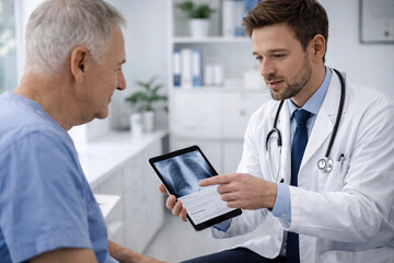 Fototapeta premium Doctor explaining a chest X-ray on a digital tablet to a senior patient during consultation. Medical diagnosis and healthcare communication concept.