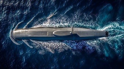 Military submarine sailing on deep ocean water surface