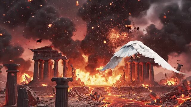 White Eagle Over Ancient Ruins - A majestic white eagle soars above the fiery ruins of an ancient temple, engulfed in flames and surrounded by apocalyptic destruction.