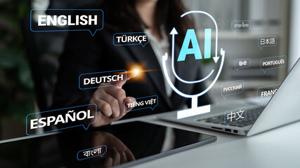 Business professional interacting with AI language options and digital interface showcasing various languages and communication tools in modern workspace Quark. © InfiniteFlow