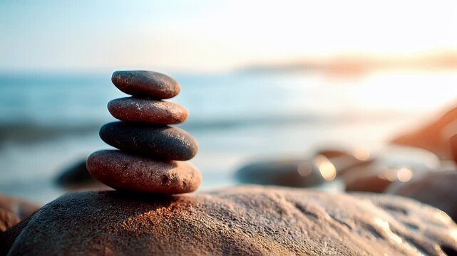 Zen Buddhism, meditation, inner peace, Chinese Japanese Asian tradition. Therapy stress release treatment, health lifestyle. A stack of pebbles balanced on top of each other on a beach.