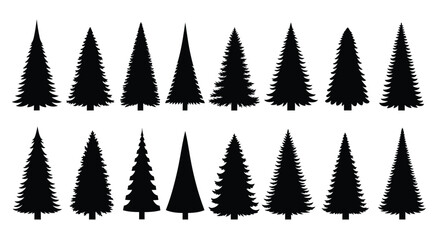 Obraz premium Collection of various evergreen trees depicted in dark silhouette