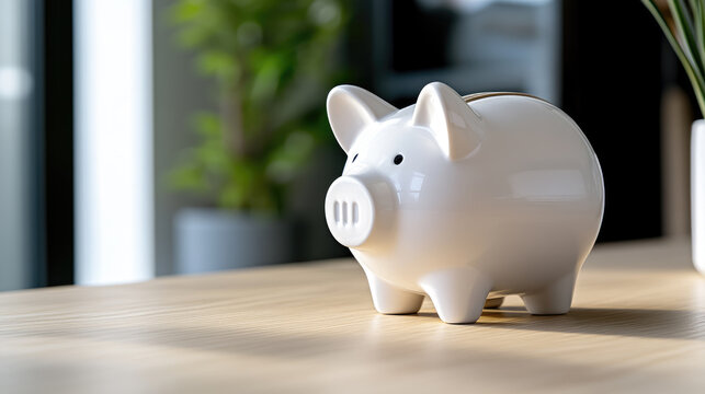 White ceramic piggy bank sitting on a light wooden desk, symbolizing financial growth, prudent spending, budgeting, and long term security in a modern setting