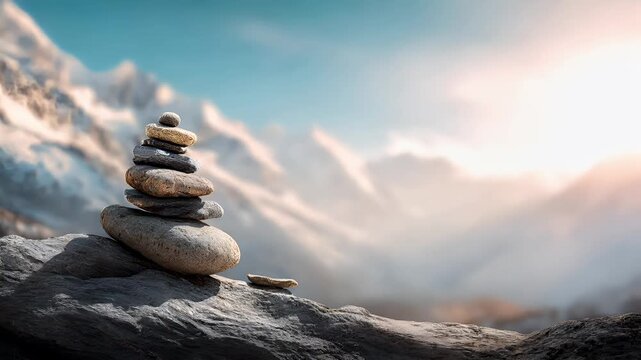 Zen Buddhism, meditation, inner peace, Chinese Japanese Asian tradition. Therapy stress release treatment, health lifestyle. A stack of pebbles balanced on top of a rocky outcrop.