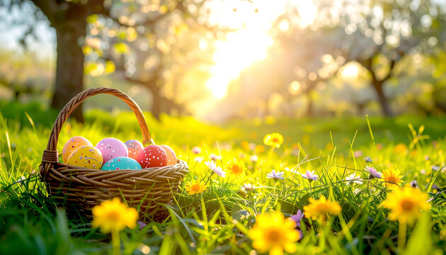 Bunter Osterkorb mit bemalten Eiern im sonnigen Fr&uuml;hlingsgarten