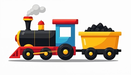 Naklejka premium Cartoon train engine hauls coal in yellow wagon. Locomotive emits steam from smokestack. Bright colors, playful graphic style, suitable for kids transport themes.
