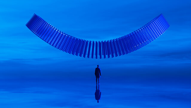 Silhouette of man with 3D symbol in infinite blue landscape