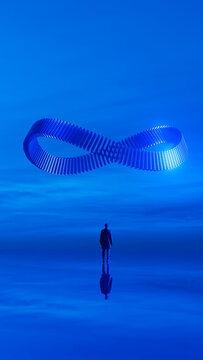 Silhouette of man with 3D symbol in infinite blue landscape