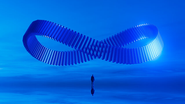 Silhouette of man with 3D symbol in infinite blue landscape