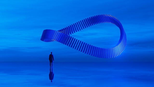 Silhouette of man with 3D symbol in infinite blue landscape