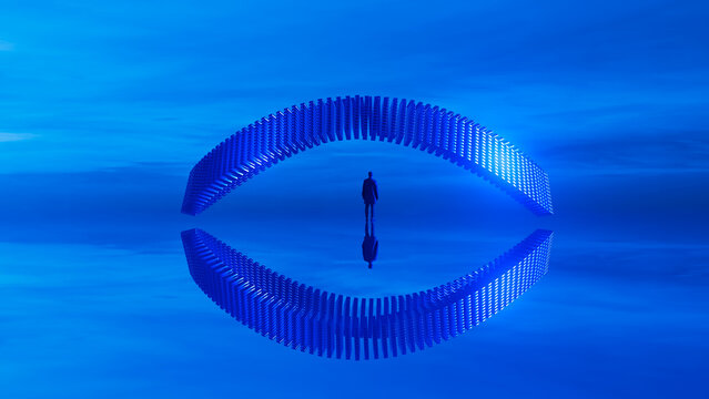 Silhouette of man with 3D symbol in infinite blue landscape
