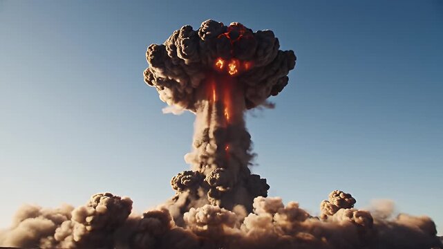Massive Nuclear Explosion Mushroom Cloud - The video depicts a massive nuclear explosion with an intense mushroom cloud rising high into the sky.