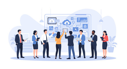 Obraz premium A diverse team of professionals collaborates around a digital display showcasing cloud computing and data analytics concepts.