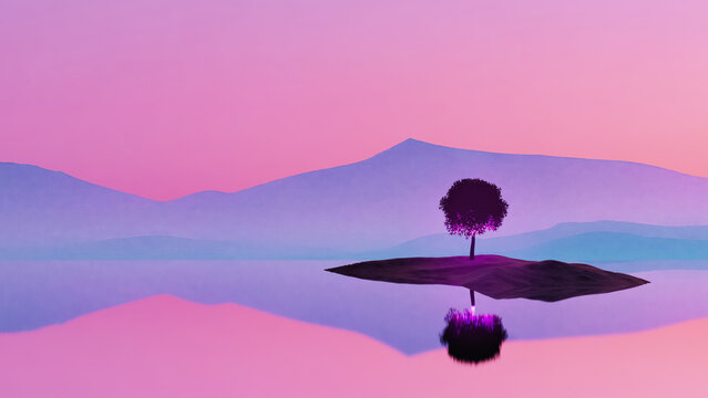 Surreal landscape of mountain and lake with isolated tree at sunset