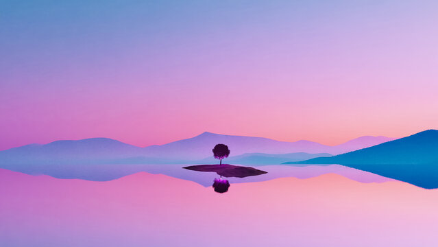 Surreal landscape of mountain and lake with isolated tree at sunset
