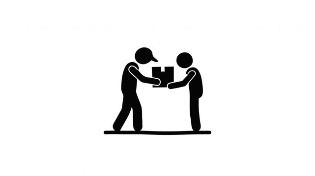 Delivery Man Silhouette Professional Courier Handing Over Cardboard Box to Customer Animated on White Background