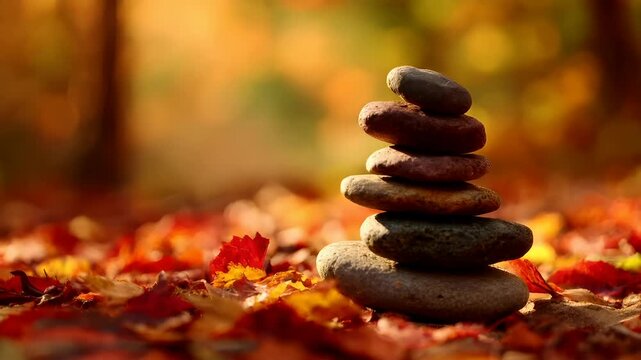 Zen Buddhism, meditation, inner peace, Chinese Japanese Asian tradition. Therapy stress release treatment, health lifestyle. A stack of pebbles balanced on a bed of vibrant autumn leaves.