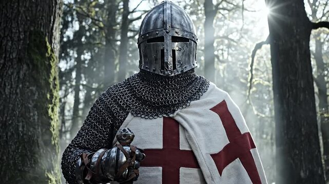 Medieval Templar Knight in Forest - A medieval templar knight clad in full armor stands in a misty forest.