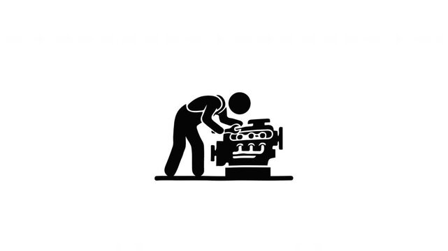 Mechanic Silhouette Professional Technician Repairing Engine Block Animated on White Background