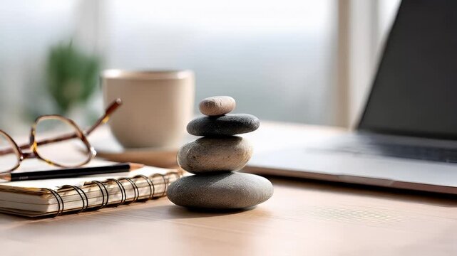Zen Buddhism, meditation, inner peace, Chinese Japanese Asian tradition. Therapy stress release treatment, health lifestyle. A wooden desk with a stack of pebbles, a laptop, a cup.