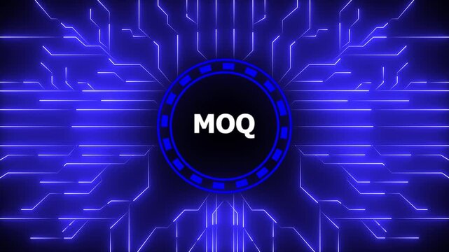 MOQ &ndash; Minimum Order Quantity. MOQ concept head up display (HUD UI) panel and futuristic technology. Digital Data moving on Circuit Board and CPU . Computer Processing and organizing data.4k video.