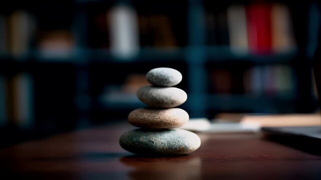 Zen Buddhism, meditation, inner peace, Chinese Japanese Asian tradition. Therapy stress release treatment, health lifestyle. A stack of pebbles balanced on top of each other on a table.