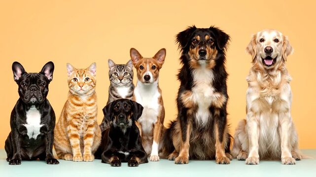 Assorted pets including dogs and cats sitting together in a row on a light surface from a straightforward viewpoint
