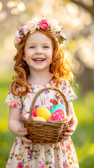 Lachendes Kleinkind mit Osterkorb und bunten Eiern im Frühlingsgarten