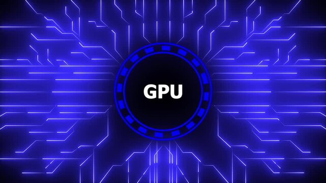 Glowing neon GPU chip icon loop animation, glowing neon GPU chip logo animation . Digital Data moving on Circuit Board and CPU . Computer Processing and organizing data.4k animation motion video.