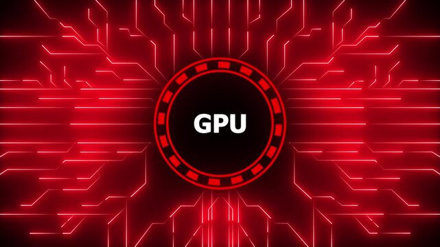 Glowing neon GPU chip icon loop animation, glowing neon GPU chip logo animation . Digital Data moving on Circuit Board and CPU . Computer Processing and organizing data.4k animation motion video.