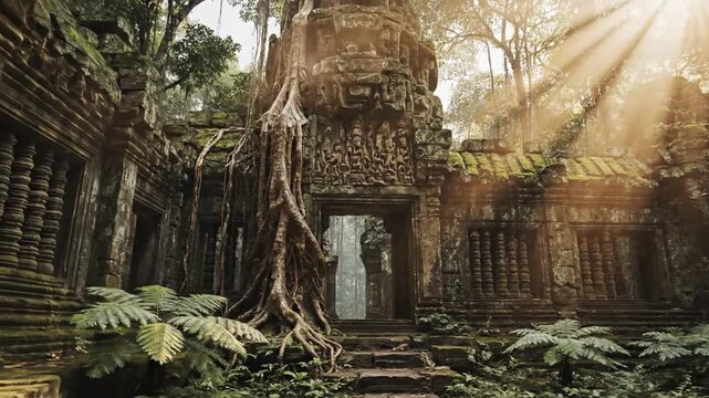 Ancient temple ruins overgrown with trees in a mysterious jungle forest