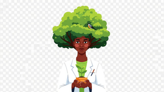 Female scientist with tree head holding laboratory flask in white lab coat green background illustration