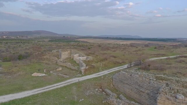 Aerial drone video of ancient Roman military outpost, muncipium Asseria ruins near Benkovac, Croatia.