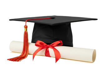 Graduation cap and diploma with red ribbon isolated on transparent background