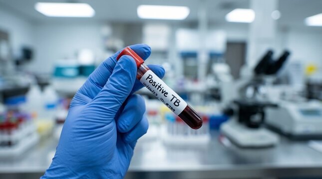 Hand holding positive blood test tube labeled for Tuberculosis  