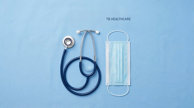 Stethoscope and medical mask on blue surface representing Tuberculosis  