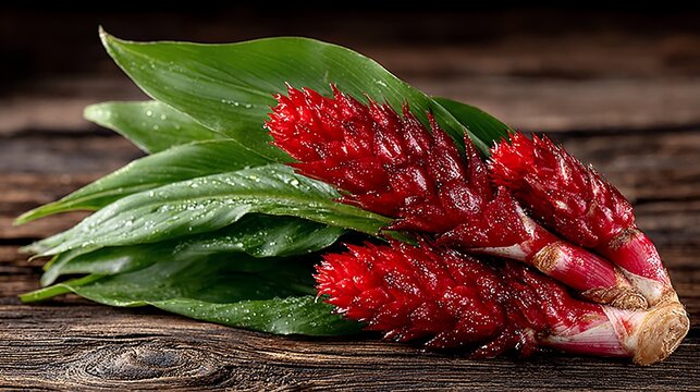 Exotic red ginger flower against dark rustic wooden texture background providing natural aesthetic