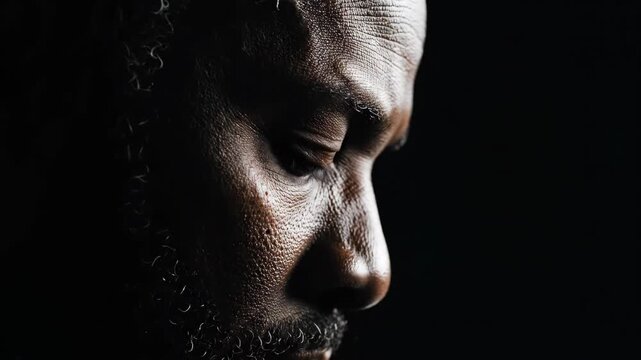 Black man in deep introspection. Profile view with closed eyes and beard on dark background. Thoughtful meditation and inner reflection concept for emotional wellness visualization.