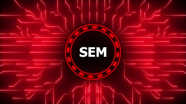 SEM &ndash; Search Engine Marketing. SEM concept head up display (HUD UI) panel and futuristic technology. Digital Data moving on Circuit Board and CPU . Computer Processing and organizing data.4k video.