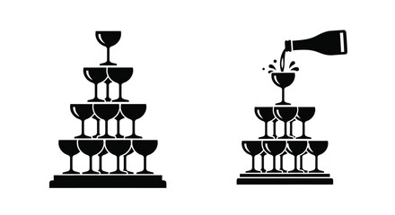 Champagne tower with pouring bottle a striking black silhouette © mst