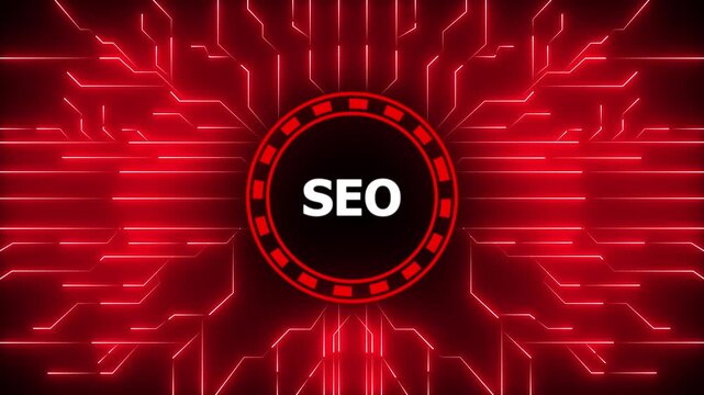 SEO - Search Engine Optimization. seo concept head up display (HUD UI) panel and futuristic technology. Digital Data moving on Circuit Board and CPU . Computer Processing and organizing data.4k video.