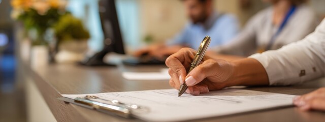 Patient Filling Out Healthcare Paperwork at Reception Desk with Pen and Computer in Background for Medical Office Environment