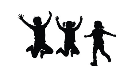 Three joyful children leaping in the air a striking silhouette © mst