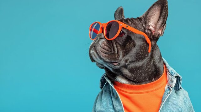 Cute bulldog wearing red sunglasses and denim jacket on blue studio background. Closeup portrait. Stylish trendy dog on colorful backdrop. Playful fashion vibe. Happy puppy. Pet party. Poster, card