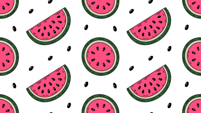 Seamless pattern of pink watermelon slices and black seeds a white background fruit