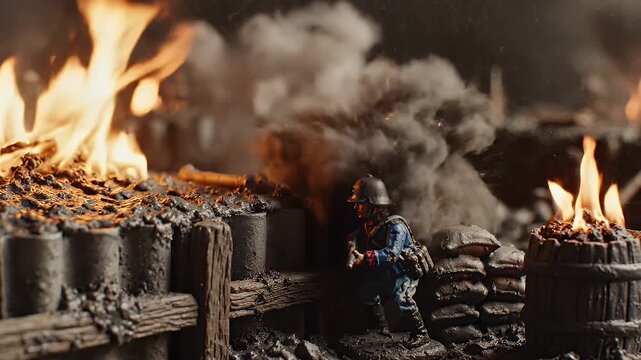 Miniature Soldier in Trench Warfare Scene - This video depicts a miniature soldier figure positioned within a meticulously crafted trench warfare scene.